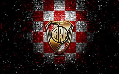 River Plate FC, glitter logo, Argentine Primera Division, red white checkered background, soccer, argentinian football club, River Plate logo, mosaic art, CA River Plate, CARP, football, Club Atletico River Plate