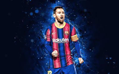 Lionel Messi, 2021, 4k, Barcelona FC, La Liga, argentiinalaiset jalkapalloilijat, FCB, jalkapallot&#228;hdet, Messi, Leo Messi, siniset neonvalot, Barca, jalkapallo, LaLiga