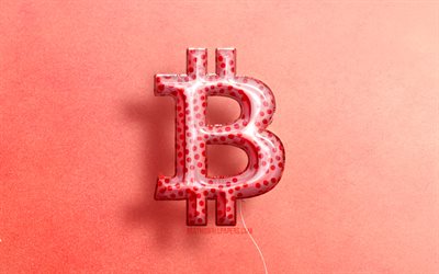 4K, logotipo Bitcoin 3D, arte, criptomoeda, bal&#245;es realistas rosa, logotipo Bitcoin, fundos rosa, Bitcoin