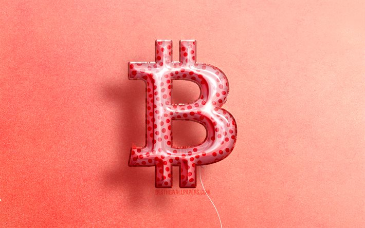 4K, Bitcoin 3D -logo, taideteos, kryptovaluutta, vaaleanpunaiset realistiset ilmapallot, Bitcoin-logo, vaaleanpunaiset taustat, Bitcoin
