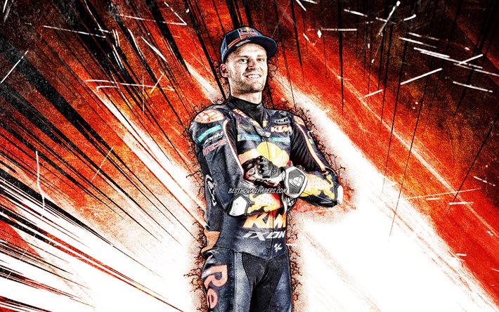 4k, Brad Binder, arte grunge, Red Bull KTM Factory Racing, motociclista sudafricano, MotoGP, raggi astratti arancioni, Campionato del Mondo MotoGP, Brad Binder 4K
