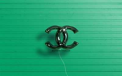 Chanel 3D logo, 4K, dark green realistic balloons, Chanel logo, green wooden backgrounds, Chanel