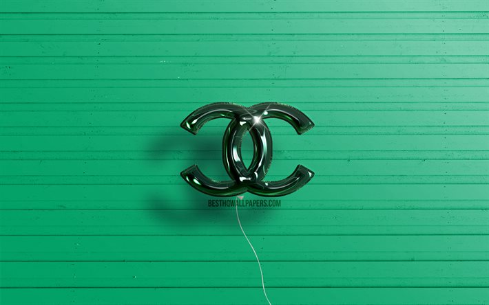 シャネルの3Dロゴ, 4K, 濃い緑色のリアルな風船, シャネルのロゴ, 緑の木製の背景, Chanel（シャネル）