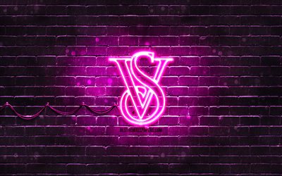 Logo viola Victorias Secret, 4k, brickwall viola, logo Victorias Secret, marchi di moda, logo neon Victorias Secret, Victorias Secret