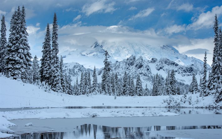 Monte Rainier, Cordilheira Cascade, inverno, paisagem montanhosa, paisagem de inverno, Parque Nacional do Monte Rainier, Washington, EUA