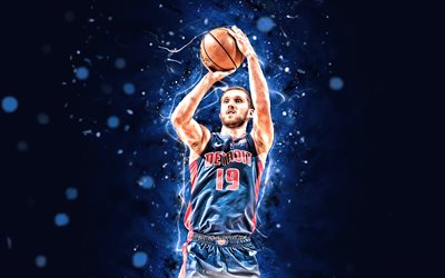 Svi Mykhailiuk, 4k, Detroit Pistons, NBA, basquete, Sviatoslav Mykhailiuk, Svi Mykhailiuk Detroit Pistons, luzes de n&#233;on azuis, Svi Mykhailiuk 4K