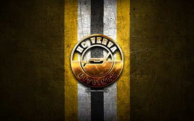 HC Verva Litvinov, logotipo dourado, Extraliga, fundo de metal amarelo, time checo de h&#243;quei, liga checa de h&#243;quei, logotipo Verva Litvinov, h&#243;quei, Verva Litvinov