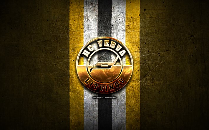 HC Verva Litvinov, logo dorato, Extraliga, sfondo di metallo giallo, squadra di hockey ceca, lega di hockey ceca, logo Verva Litvinov, hockey, Verva Litvinov