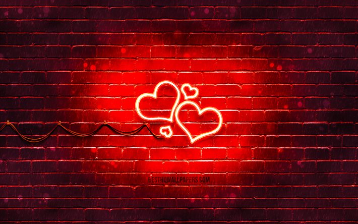 رمز النيون القلوب, 4 ك, خلفية حمراء, رموز النيون, القلوب, أيقونات النيون, علامة القلوب, علامات الحب, رمز القلوب, أيقونات الحب