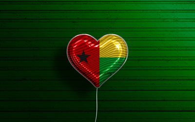 I Love Guinea-Bissau, 4k, realistic balloons, green wooden background, African countries, Guinea-Bissau flag heart, favorite countries, flag of Guinea-Bissau, balloon with flag, Guinea-Bissau flag, Guinea-Bissau, Love Guinea-Bissau