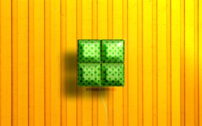 Logo Microsoft 3D, 4K, palloncini realistici verdi, sfondi in legno gialli, logo Microsoft, Microsoft