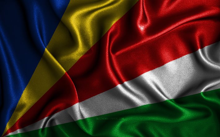 Seychellien lippu, 4k, silkkiset aaltoilevat liput, Afrikan maat, kansalliset symbolit, kangasliput, 3D-taide, Seychellit, Afrikka, Seychellit 3D-lippu
