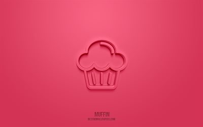muffin 3d symbol, rosa hintergrund, 3d symbole, muffin, backen symbole, muffin zeichen, kuchen 3d symbole