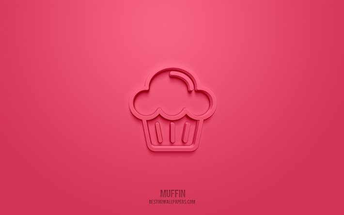 Icona di muffin 3d, sfondo rosa, simboli 3d, muffin, icone di cottura, icone 3d, segno di muffin, icone torte 3d
