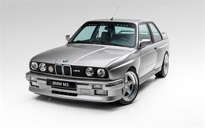 BMW M3, E30, silver coupe, retro cars, silver M3 E30, german cars, BMW