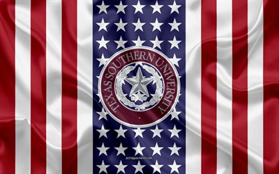 Embl&#232;me de la Texas Southern University, drapeau am&#233;ricain, logo de la Texas Southern University, Houston, Texas, USA, Texas Southern University