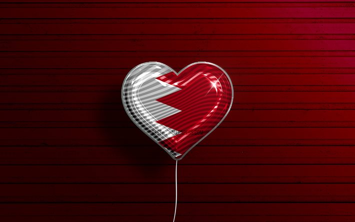 J&#39;aime Bahre&#239;n, 4k, ballons r&#233;alistes, fond en bois rouge, pays asiatiques, coeur de drapeau de Bahre&#239;n, pays pr&#233;f&#233;r&#233;s, drapeau de Bahre&#239;n, ballon avec drapeau, Bahre&#239;n, Love Bahrain