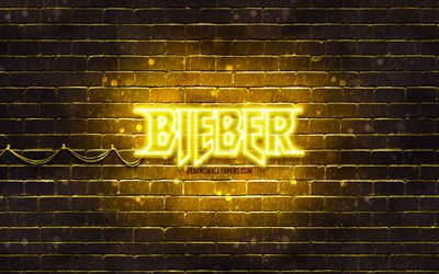 Justin Bieber yellow logo, 4k, american singer, yellow brickwall, Justin Bieber logo, Justin Drew Bieber, Justin Bieber, music stars, Justin Bieber neon logo