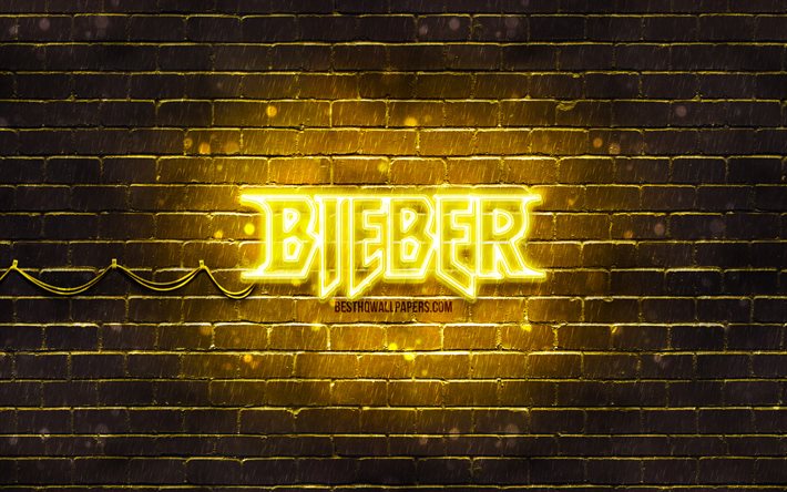 Justin Bieber logo giallo, 4k, cantante americana, brickwall giallo, logo Justin Bieber, Justin Drew Bieber, Justin Bieber, star della musica, logo neon Justin Bieber