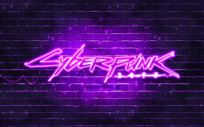Logo violet Cyberpunk 2077, 4k, brickwall violet, illustrations, logo Cyberpunk 2077, RPG, logo n&#233;on Cyberpunk 2077, Cyberpunk 2077
