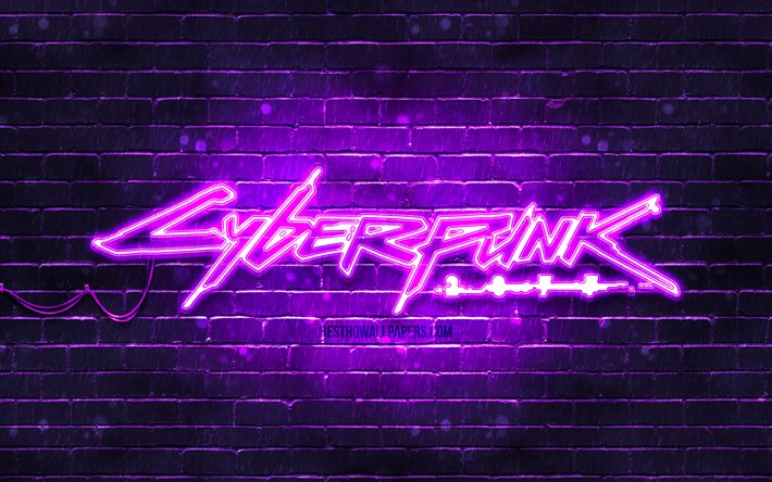 Cyberpunk 2077 viola logo, 4k, brickwall viola, opera d&#39;arte, logo Cyberpunk 2077, RPG, logo neon Cyberpunk 2077, Cyberpunk 2077
