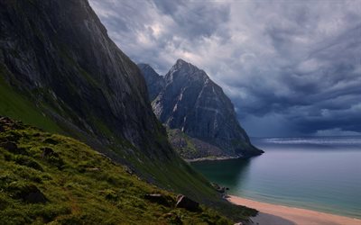 Norwegian sea, coast, rocks, downpour at sea, thunderstorm, sea, Norway