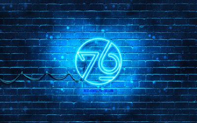 System76 sininen logo, 4k, sininen tiilisein&#228;, Linux, System76 logo, OS, System76 neon logo, System76