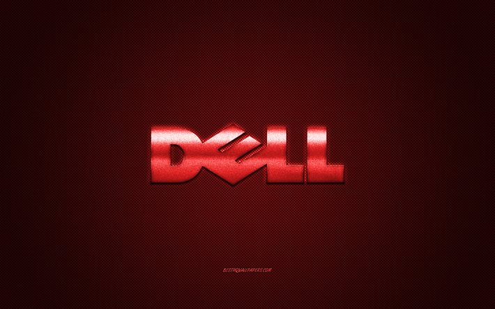 Logo Dell, sfondo rosso carbonio, logo Dell in metallo, emblema rosso Dell, Dell, struttura in carbonio rosso