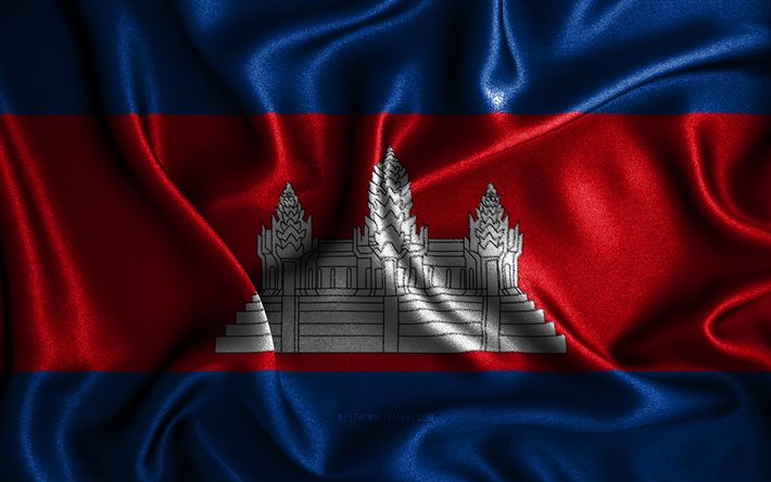 Drapeau cambodgien, 4k, drapeaux ondul&#233;s en soie, pays asiatiques, symboles nationaux, drapeau du Cambodge, drapeaux en tissu, art 3D, Cambodge, Asie, drapeau 3D du Cambodge