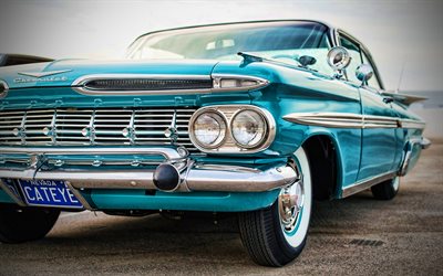 Chevrolet Impala, framifrån, 1959 bilar, retro bilar, blå impala, 1959 Chevrolet Impala, amerikanska bilar, Chevrolet