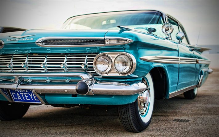 Chevrolet Impala, front view, 1959 cars, retro cars, blue impala, 1959 Chevrolet Impala, american cars, Chevrolet