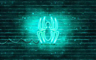 Logotipo turquesa do Homem-Aranha, 4k, parede de tijolos turquesa, logotipo do Homem-Aranha, Homem-Aranha, super-her&#243;is, logotipo de n&#233;on do Homem-Aranha