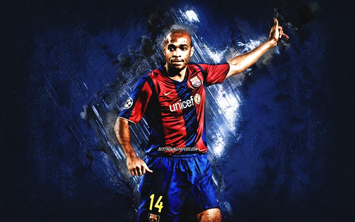 Thierry Henry, FC Barcelona, fransk fotbollsspelare, v&#228;rldsfotbollsstj&#228;rna, bl&#229; stenbakgrund, fotboll