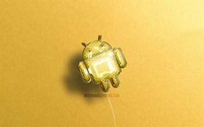 Android 3D logosu, sarı ger&#231;ek&#231;i balonlar, 4k, OS, Android logosu, sarı taş arka planlar, Android