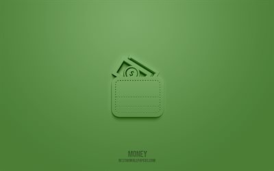 Icona 3d denaro, sfondo verde, simboli 3d, denaro, icone finanza, icone 3d, segno di denaro, icone 3d finanza, portafoglio con icona 3d soldi