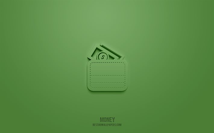 Money 3d icon, green background, 3d symbols, Money, Finance icons, 3d icons, Money sign, Finance 3d icons, wallet with money 3d icon