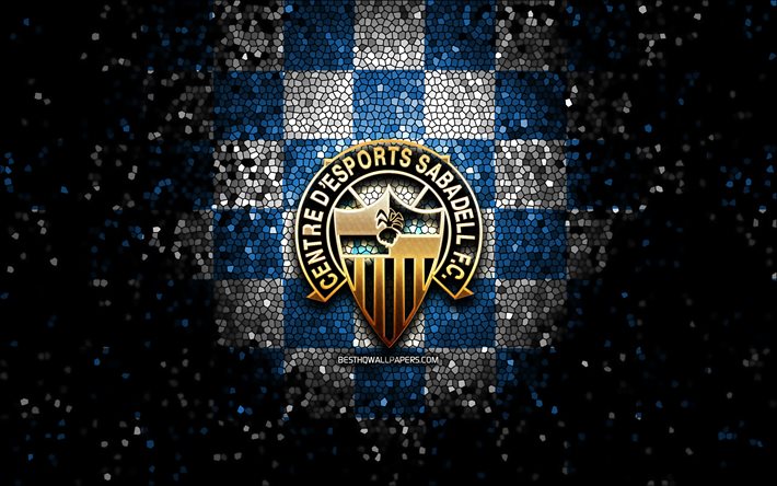 Sabadell FC, logo glitter, La Liga 2, sfondo a scacchi bianco blu, Segunda, calcio, squadra di calcio spagnola, logo Sabadell, arte del mosaico, LaLiga 2, CE Sabadell FC