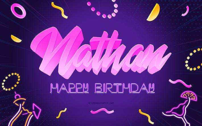 お誕生日おめでとうネイサン, 4k, 紫のパーティーの背景, ネイサン, クリエイティブアート, ネイサンの誕生日おめでとう, ネイサンの名前, ネイサンの誕生日, 誕生日パーティーの背景