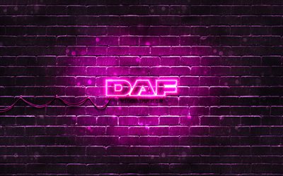 DAF purple logo, 4k, purple brickwall, DAF logo, cars brands, DAF neon logo, DAF