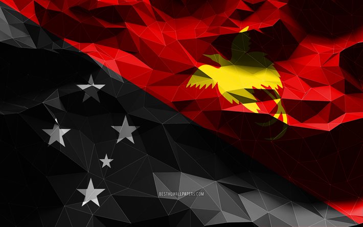4k, papua-neuguinea-flagge, niedrige polykunst, ozeanische l&#228;nder, nationale symbole, flagge von papua-neuguinea, 3d-flaggen, papua-neuguinea, ozeanien, papua-neuguinea 3d-flagge