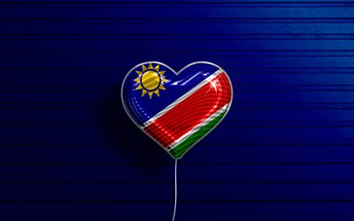 J&#39;aime la Namibie, 4k, ballons r&#233;alistes, fond en bois bleu, pays africains, coeur de drapeau namibien, pays pr&#233;f&#233;r&#233;s, drapeau de la Namibie, ballon avec drapeau, drapeau namibien, Namibie, amour de la Namibie