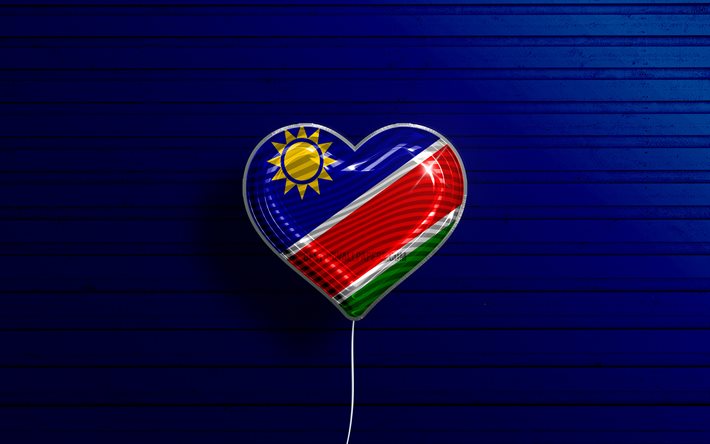 Jag &#228;lskar Namibia, 4k, realistiska ballonger, bl&#229; tr&#228;bakgrund, afrikanska l&#228;nder, namibisk flagghj&#228;rta, favoritl&#228;nder, Namibias flagga, ballong med flagga, namibisk flagga, Namibia, Love Namibia