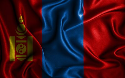 Drapeau mongol, 4k, drapeaux ondul&#233;s en soie, pays asiatiques, symboles nationaux, drapeau de la Mongolie, drapeaux en tissu, art 3D, Mongolie, Asie, drapeau 3D de la Mongolie
