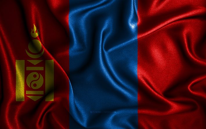 Bandiera mongola, 4k, bandiere ondulate di seta, paesi asiatici, simboli nazionali, bandiera della Mongolia, bandiere in tessuto, arte 3D, Mongolia, Asia, bandiera Mongolia 3D