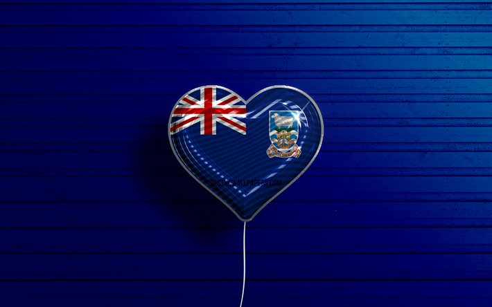 J&#39;aime les &#238;les Falkland, 4k, ballons r&#233;alistes, fond en bois bleu, pays d&#39;Am&#233;rique du Sud, coeur du drapeau des &#238;les Falkland, pays pr&#233;f&#233;r&#233;s, drapeau des &#238;les Falkland, ballon avec drapeau, Am&#233;rique du