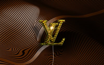 Logo 3D Louis Vuitton, 4K, palloncini realistici dorati, logo Louis Vuitton, sfondi ondulati marroni, Louis Vuitton