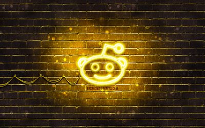 Reddit keltainen logo, 4k, keltainen tiilisein&#228;, Reddit-logo, sosiaaliset verkostot, Reddit-neon-logo, Reddit