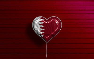 J&#39;aime le Qatar, 4k, ballons r&#233;alistes, fond en bois violet, pays asiatiques, coeur de drapeau qatari, pays pr&#233;f&#233;r&#233;s, drapeau du Qatar, ballon avec drapeau, drapeau qatari, Qatar, amour du Qatar