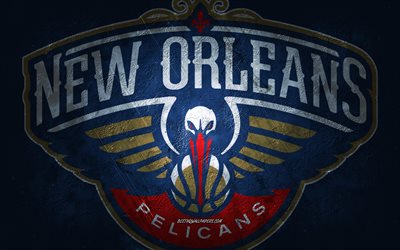 new orleans pelicans, amerikanische basketballmannschaft, blauer steinhintergrund, new orleans pelicans-logo, grunge-kunst, nba, basketball, usa, new orleans pelicans-emblem