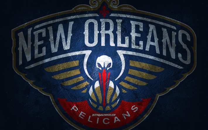 New Orleans Pelicans, &#233;quipe am&#233;ricaine de basket-ball, fond de pierre bleue, logo de New Orleans Pelicans, art grunge, NBA, basket-ball, USA, embl&#232;me de New Orleans Pelicans